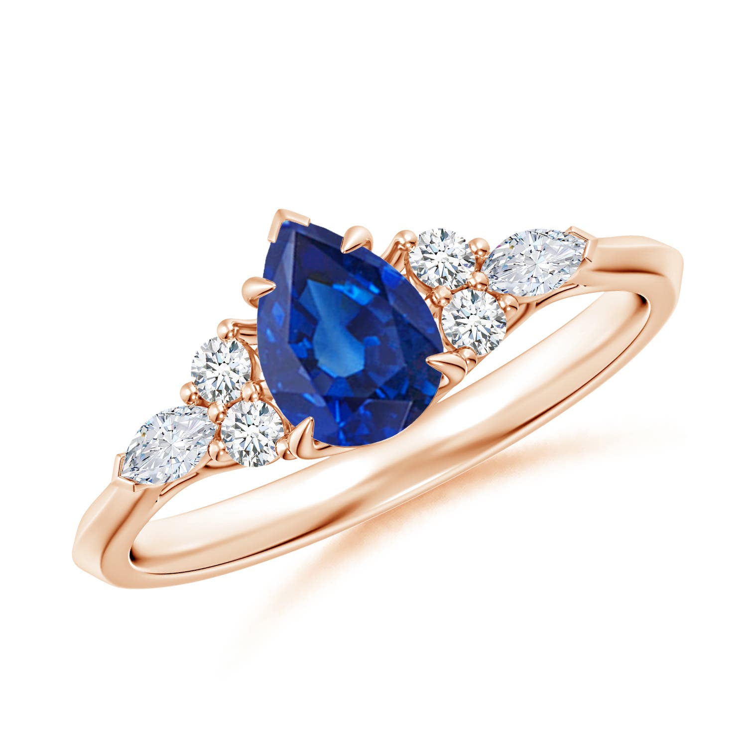 7x5mm AAA Pear Shape Blue Sapphire Side Stone Engagement Ring with Diamonds in Rose Gold