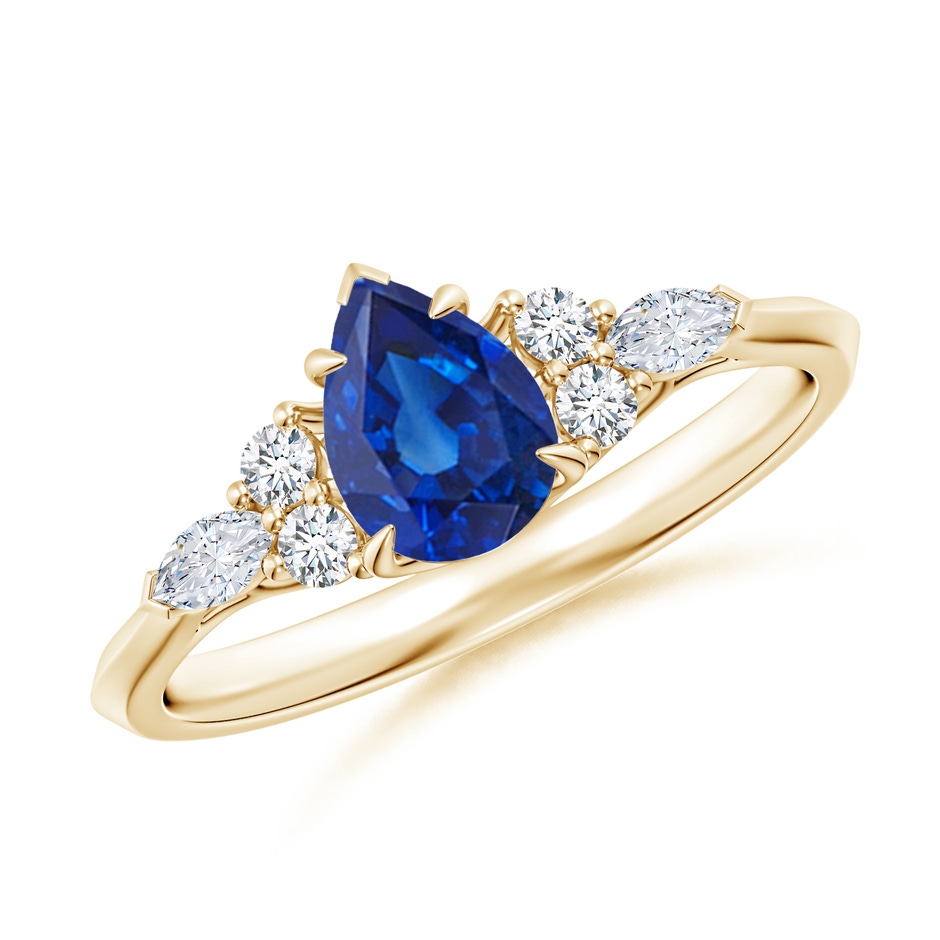 7x5mm AAA Pear Shape Blue Sapphire Side Stone Engagement Ring with Diamonds in Yellow Gold 