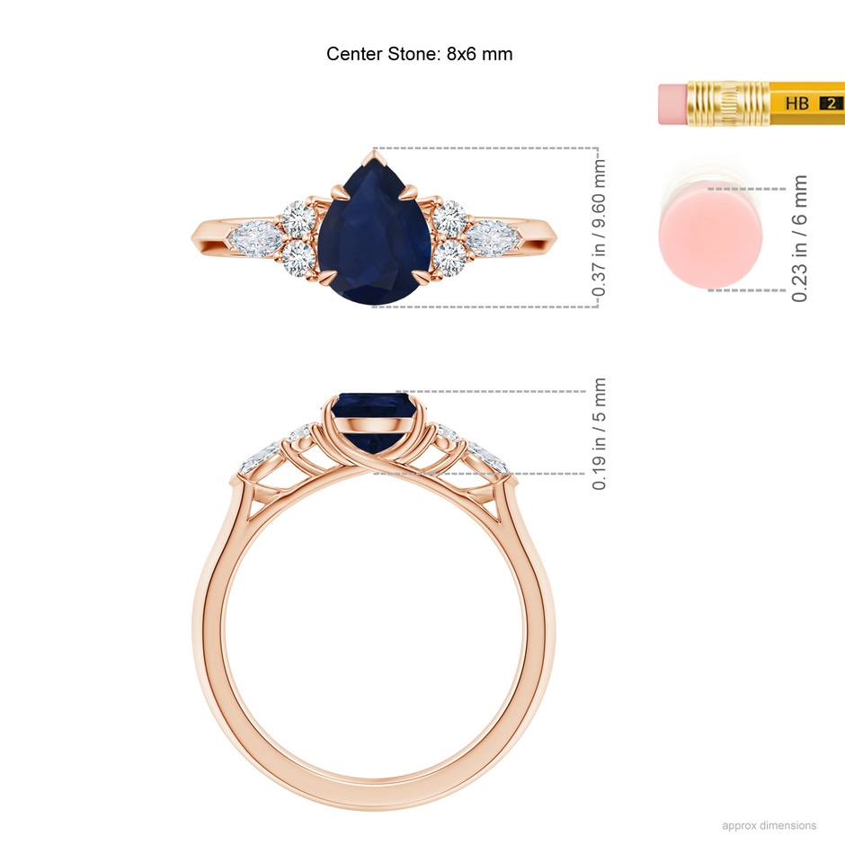 8x6mm A Pear Shape Blue Sapphire Side Stone Engagement Ring with Diamonds in Rose Gold ruler