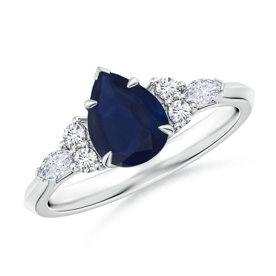 8x6mm A Pear Shape Blue Sapphire Side Stone Engagement Ring with Diamonds in White Gold 