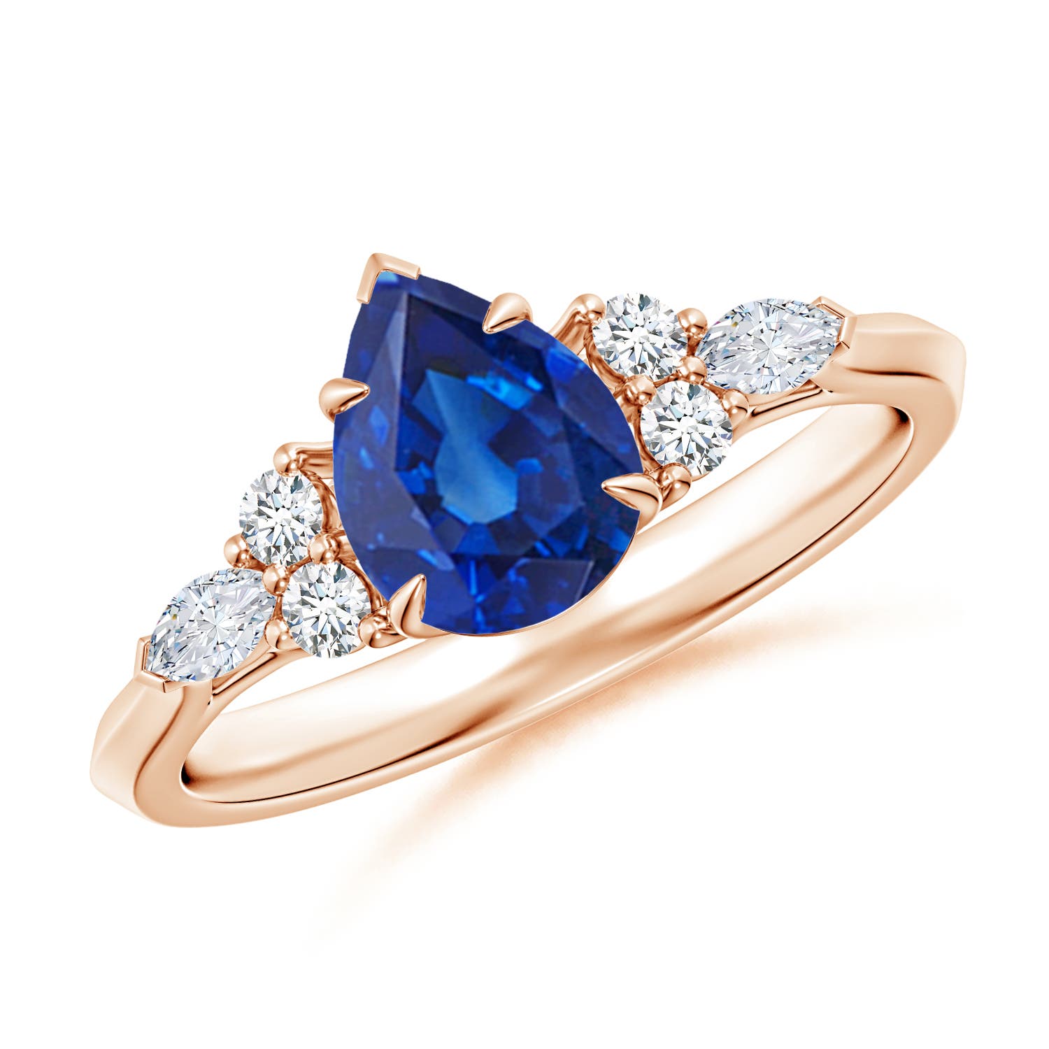 8x6mm AAA Pear Shape Blue Sapphire Side Stone Engagement Ring with Diamonds in 18CT Rose Gold