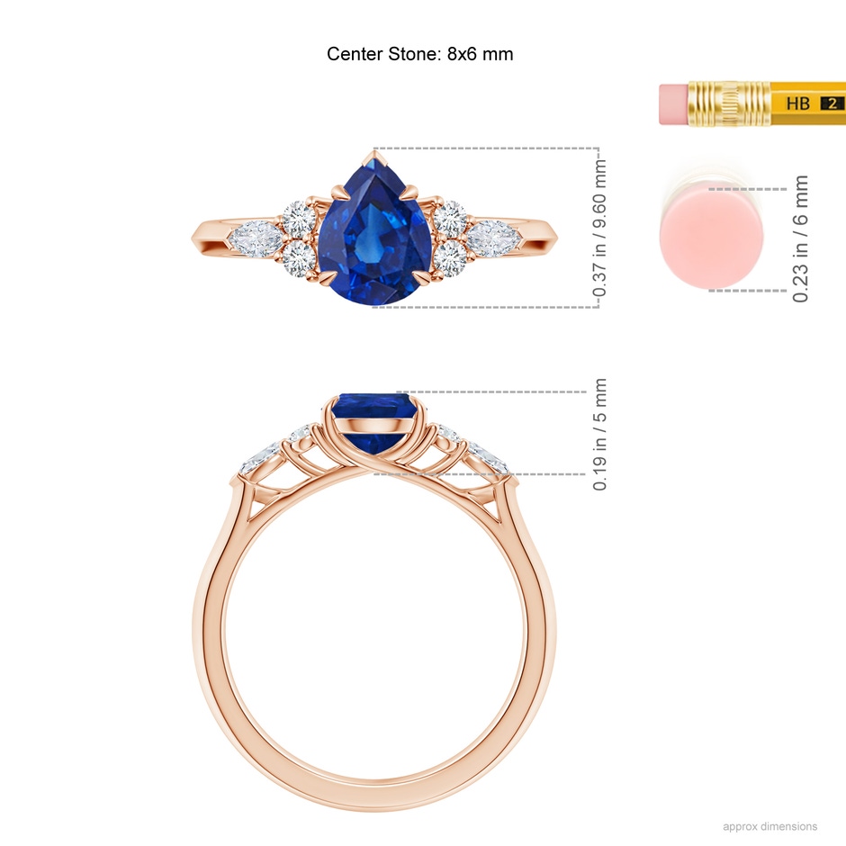 8x6mm AAA Pear Shape Blue Sapphire Side Stone Engagement Ring with Diamonds in Rose Gold ruler