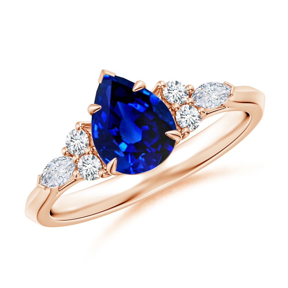 8x6mm AAAA Pear Shape Blue Sapphire Side Stone Engagement Ring with Diamonds in Rose Gold 
