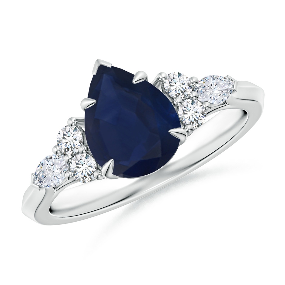 9x7mm A Pear Shape Blue Sapphire Side Stone Engagement Ring with Diamonds in White Gold 