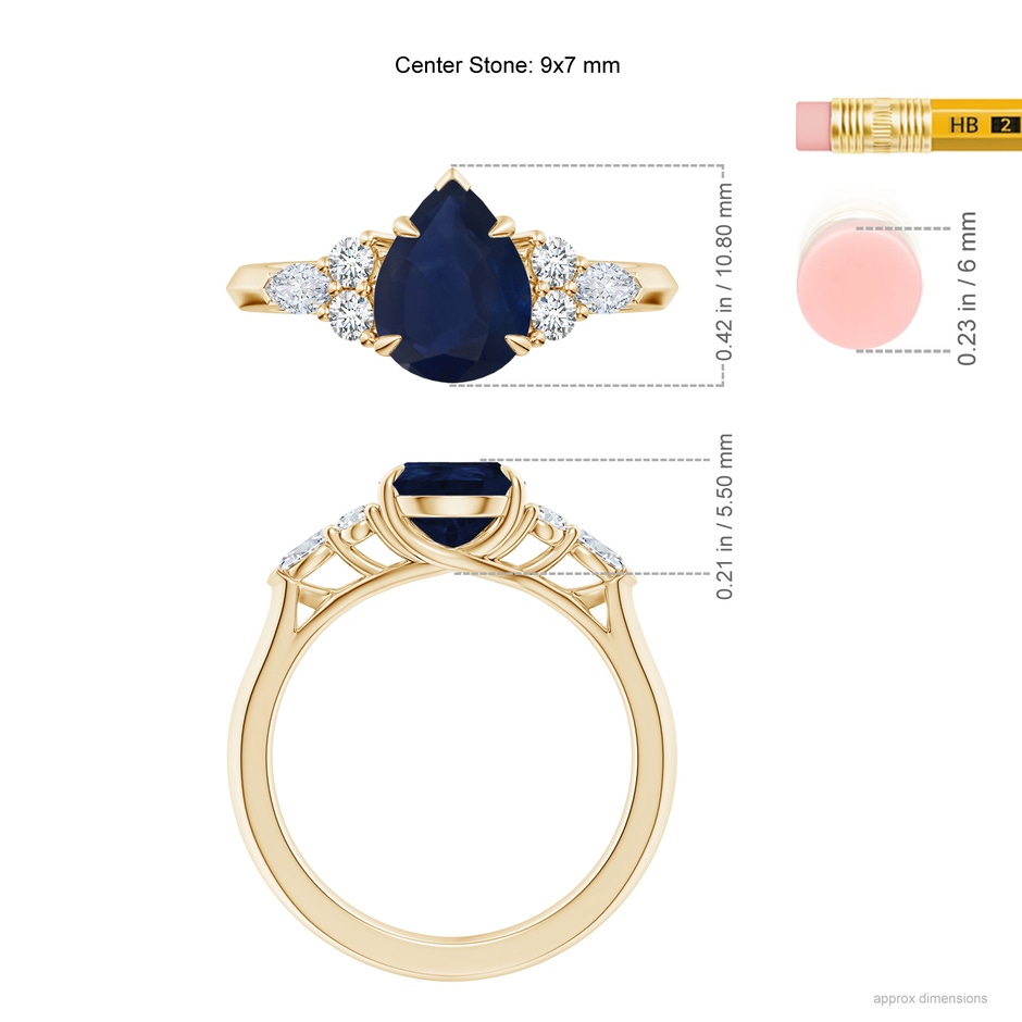 9x7mm A Pear Shape Blue Sapphire Side Stone Engagement Ring with Diamonds in Yellow Gold ruler