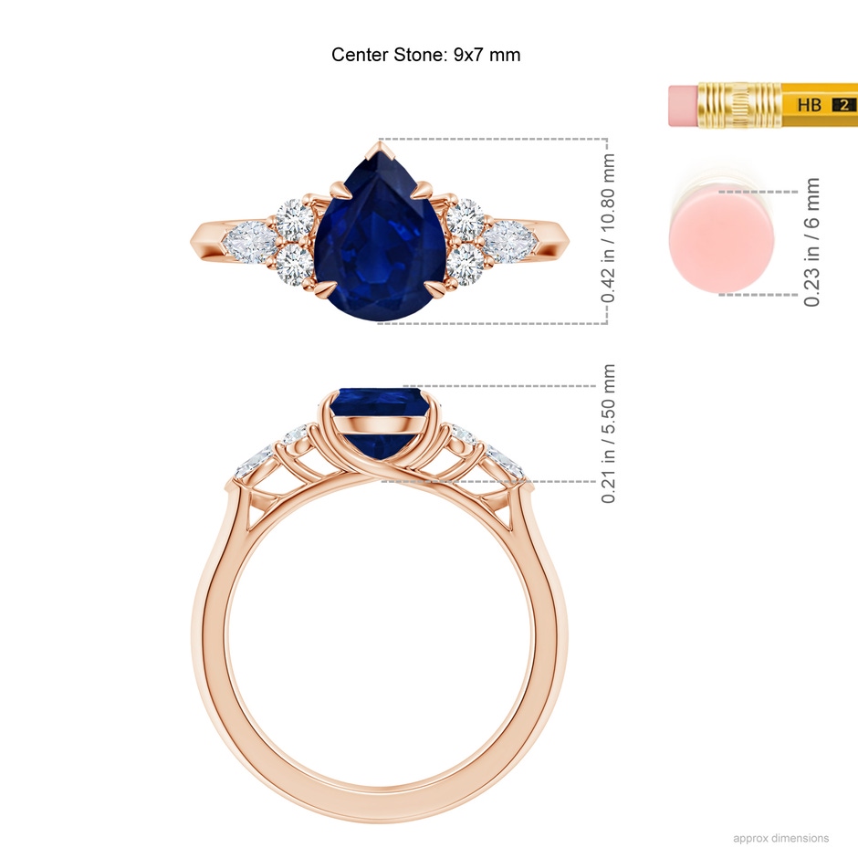 9x7mm AA Pear Shape Blue Sapphire Side Stone Engagement Ring with Diamonds in 18K Rose Gold ruler