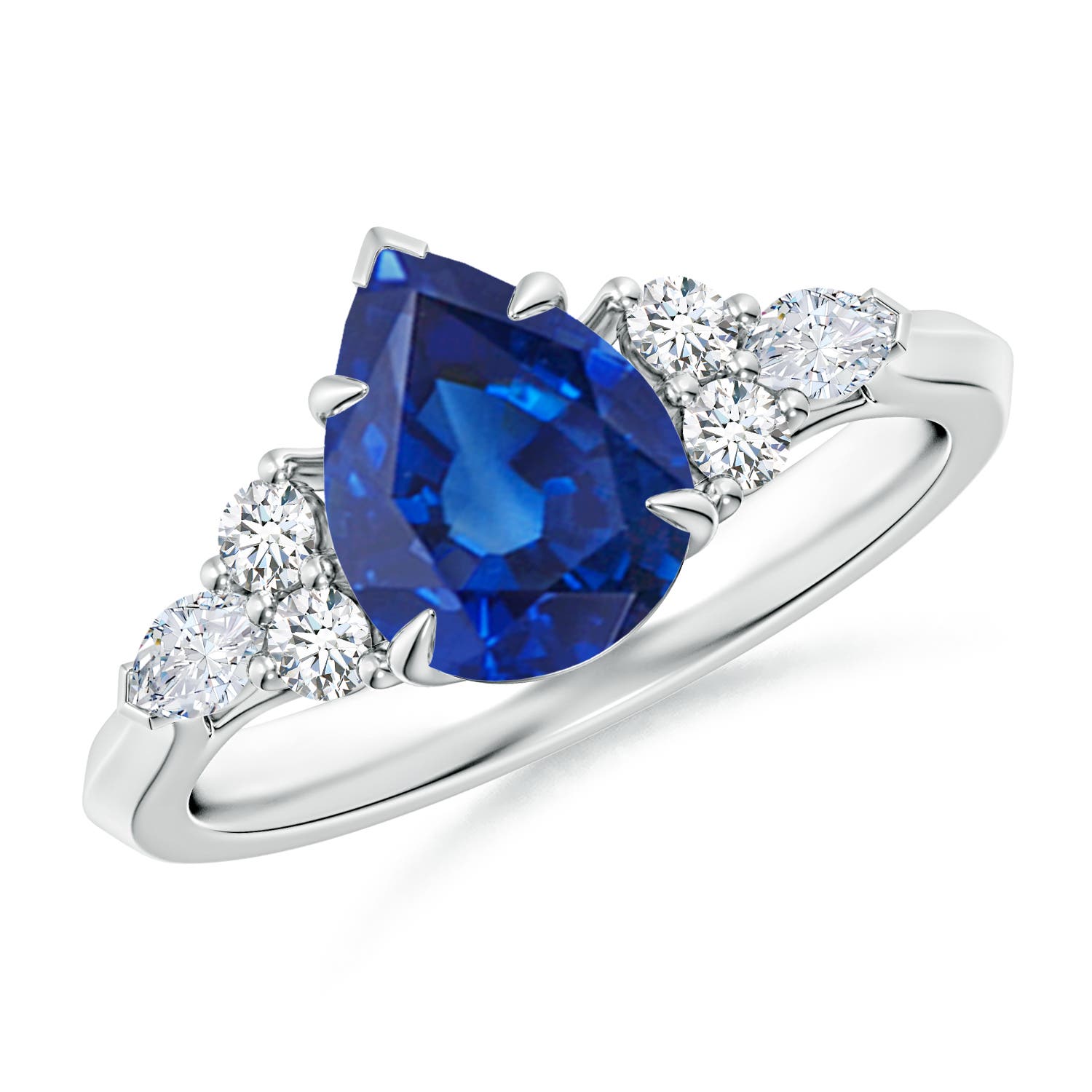 9x7mm AAA Pear Shape Blue Sapphire Side Stone Engagement Ring with Diamonds in 18K White Gold