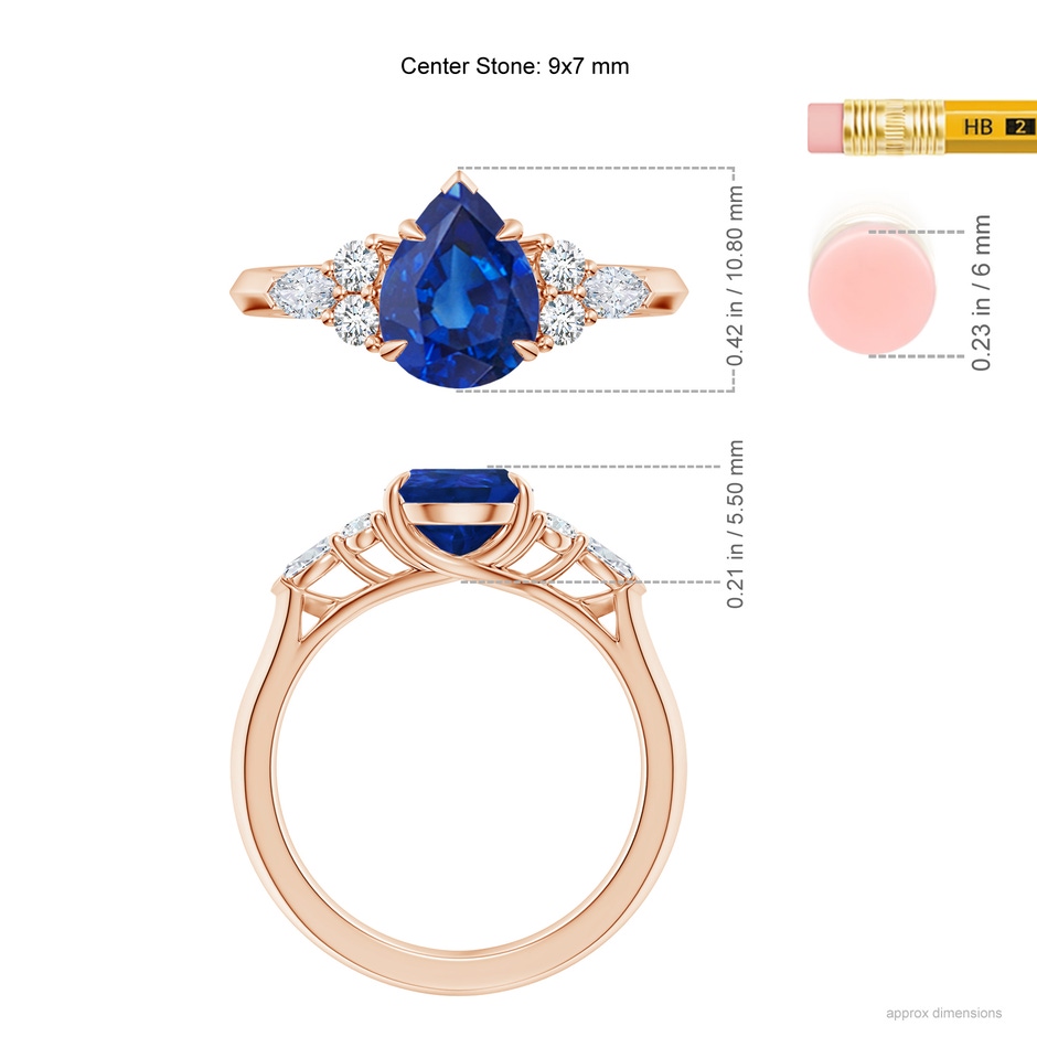 9x7mm AAA Pear Shape Blue Sapphire Side Stone Engagement Ring with Diamonds in Rose Gold ruler