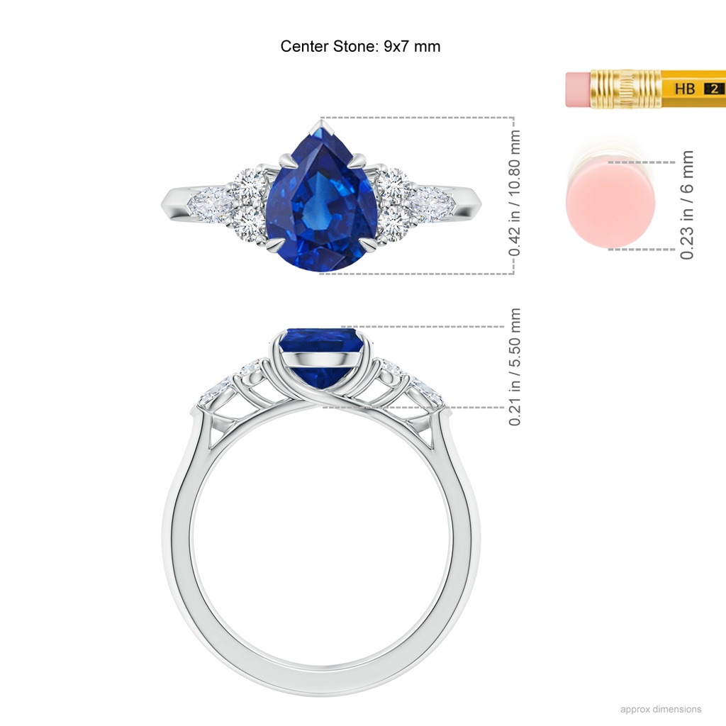 9x7mm AAA Pear Shape Blue Sapphire Side Stone Engagement Ring with Diamonds in White Gold ruler