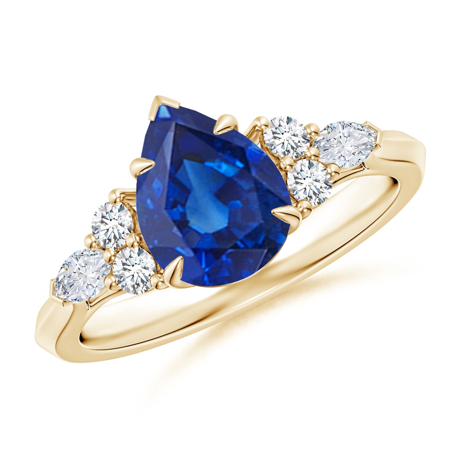 9x7mm AAA Pear Shape Blue Sapphire Side Stone Engagement Ring with Diamonds in Yellow Gold 