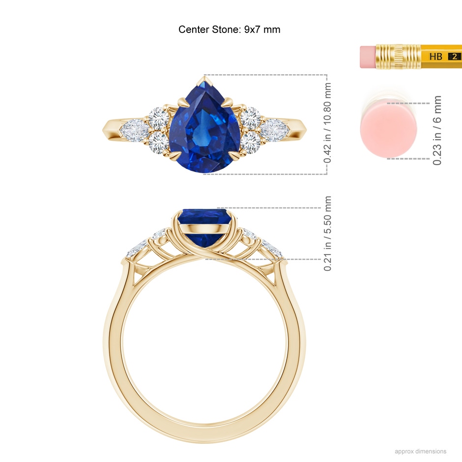 9x7mm AAA Pear Shape Blue Sapphire Side Stone Engagement Ring with Diamonds in Yellow Gold ruler