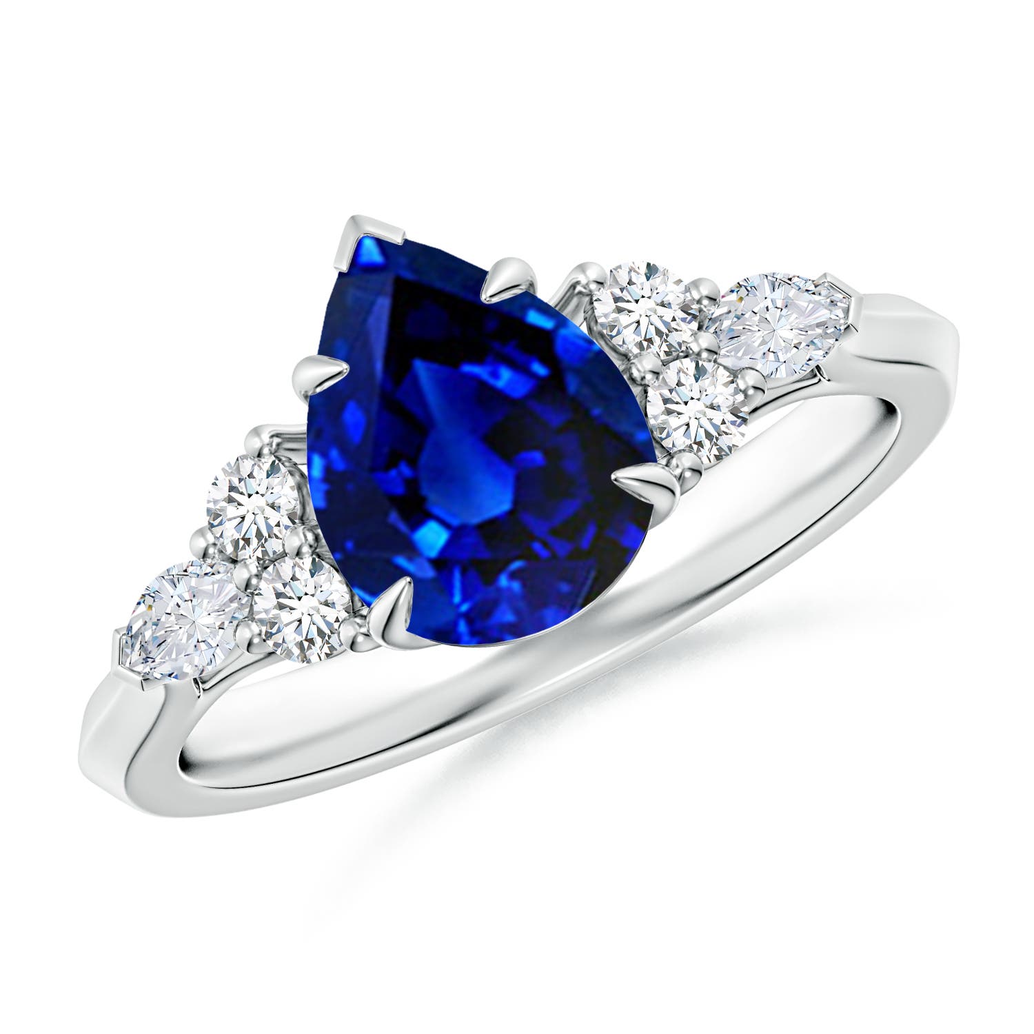 9x7mm AAAA Pear Shape Blue Sapphire Side Stone Engagement Ring with Diamonds in 18K White Gold