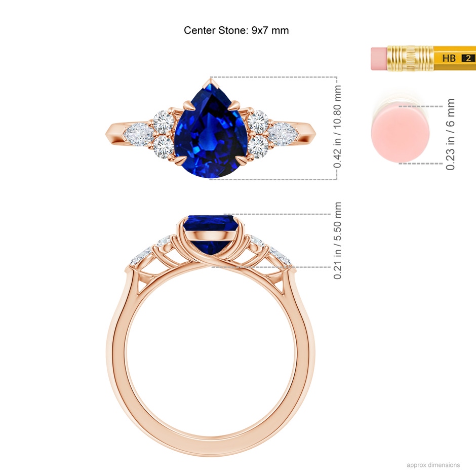 9x7mm AAAA Pear Shape Blue Sapphire Side Stone Engagement Ring with Diamonds in Rose Gold ruler