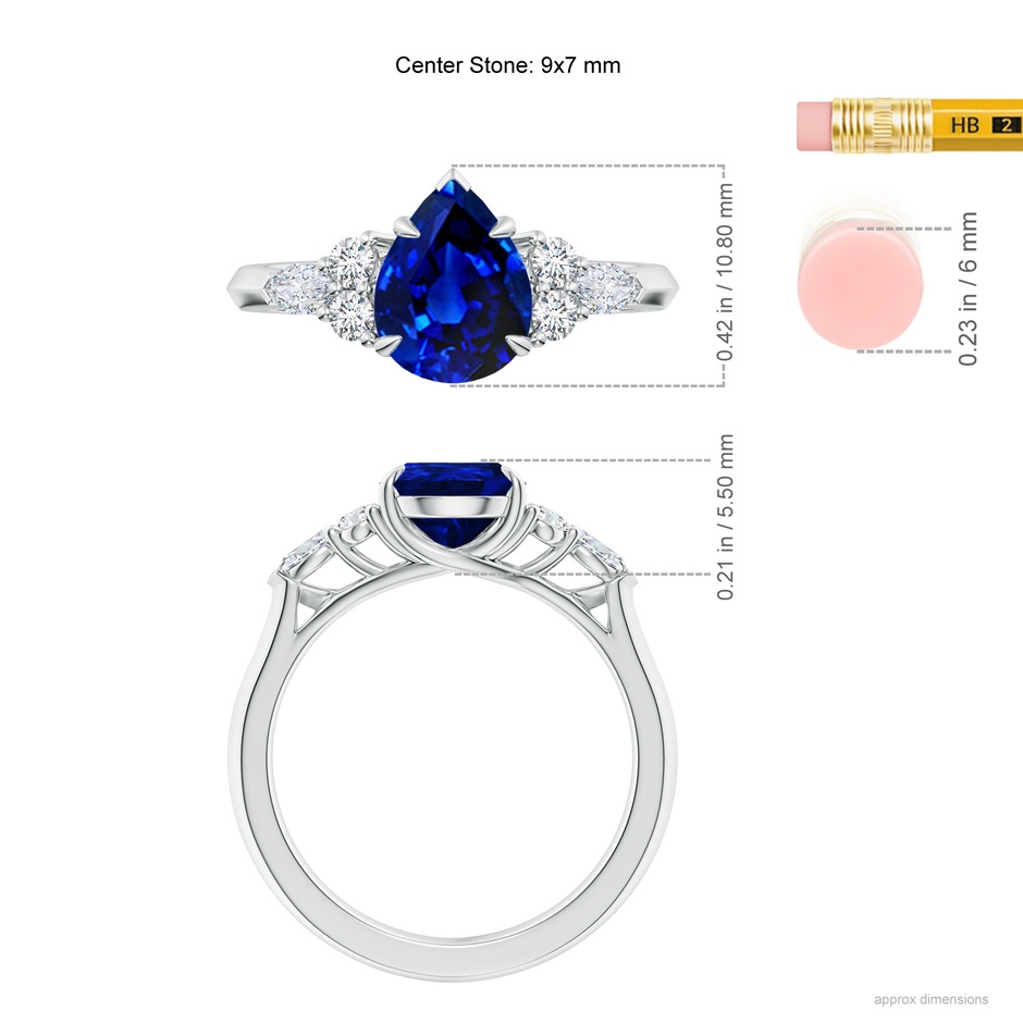 9x7mm Lab-Grown Pear Shape Blue Sapphire Side Stone Engagement Ring with Diamonds in White Gold ruler