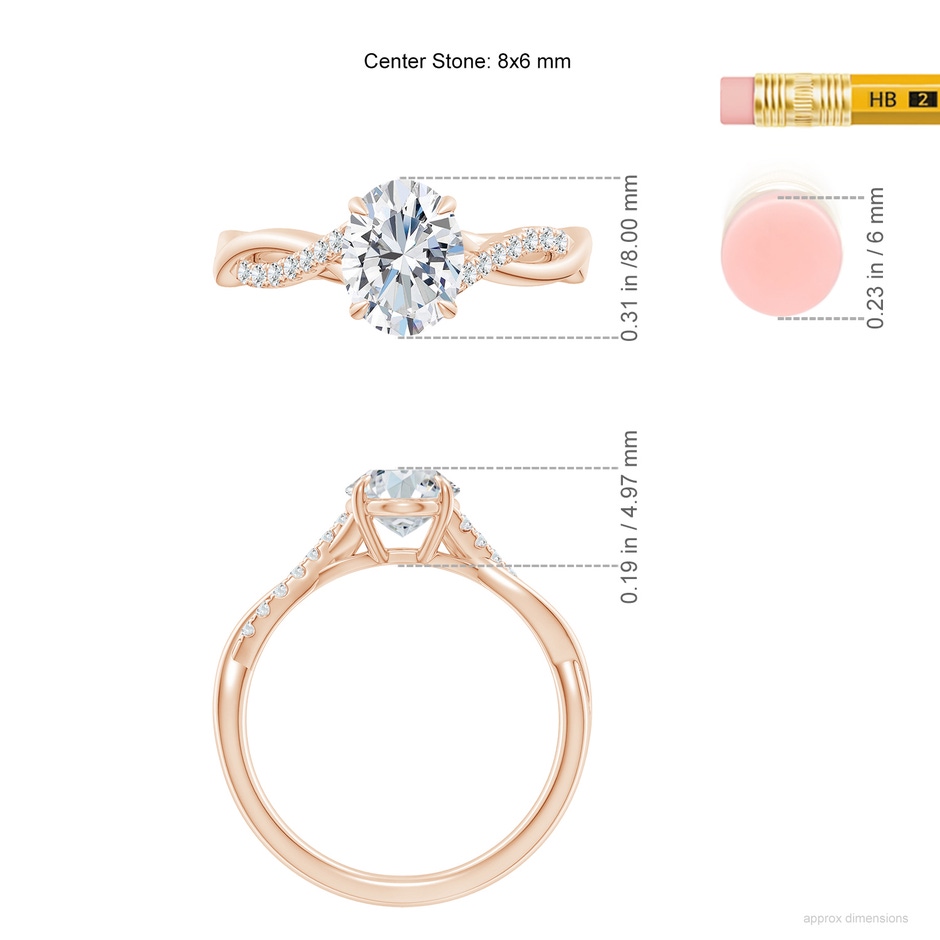 8x6mm GVS2 Oval Diamond Twisted Shank Engagement Ring in Rose Gold ruler