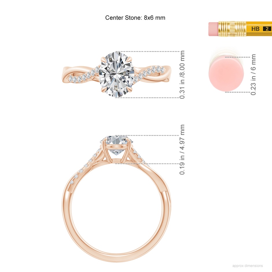 8x6mm HSI2 Oval Diamond Twisted Shank Engagement Ring in 18K Rose Gold ruler