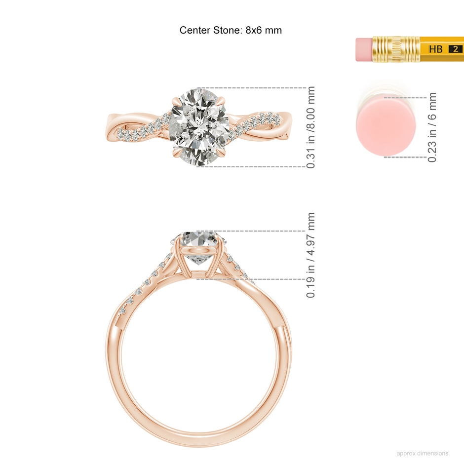 8x6mm KI3 Oval Diamond Twisted Shank Engagement Ring in Rose Gold ruler