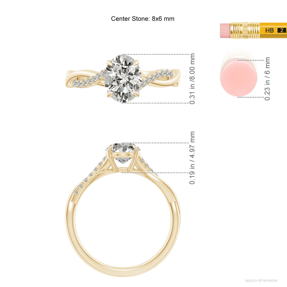 8x6mm KI3 Oval Diamond Twisted Shank Engagement Ring in Yellow Gold ruler