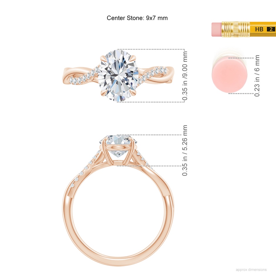 9x7mm GVS2 Oval Diamond Twisted Shank Engagement Ring in 18K Rose Gold ruler