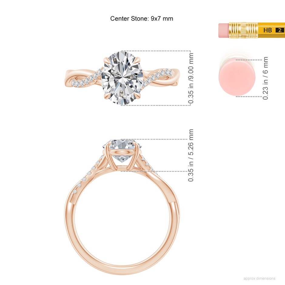 9x7mm HSI2 Oval Diamond Twisted Shank Engagement Ring in Rose Gold ruler
