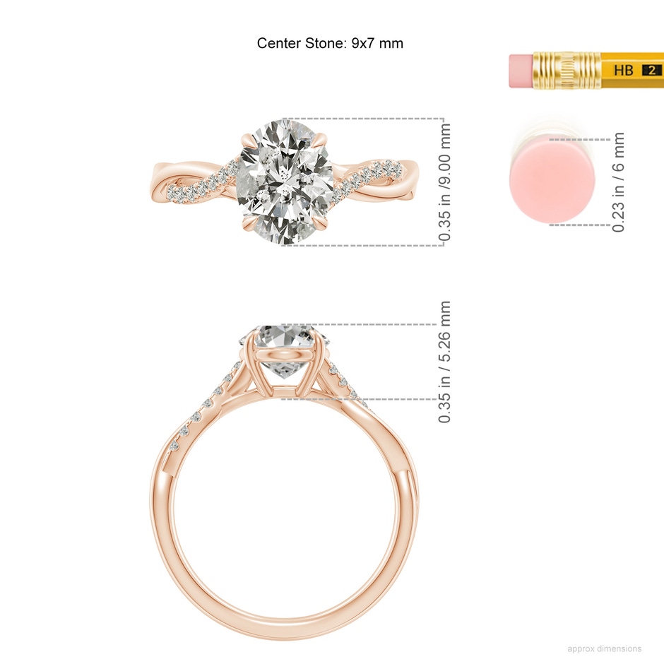 9x7mm KI3 Oval Diamond Twisted Shank Engagement Ring in 18K Rose Gold ruler