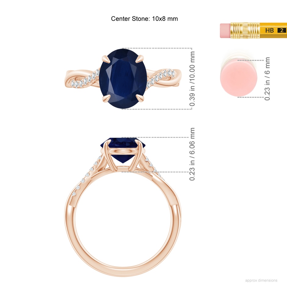 10x8mm A Oval Blue Sapphire Twisted Shank Engagement Ring in Rose Gold ruler