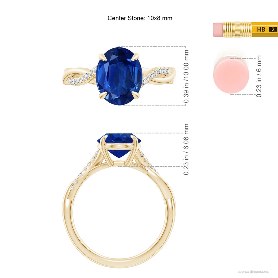 10x8mm AAA Oval Blue Sapphire Twisted Shank Engagement Ring in Yellow Gold ruler