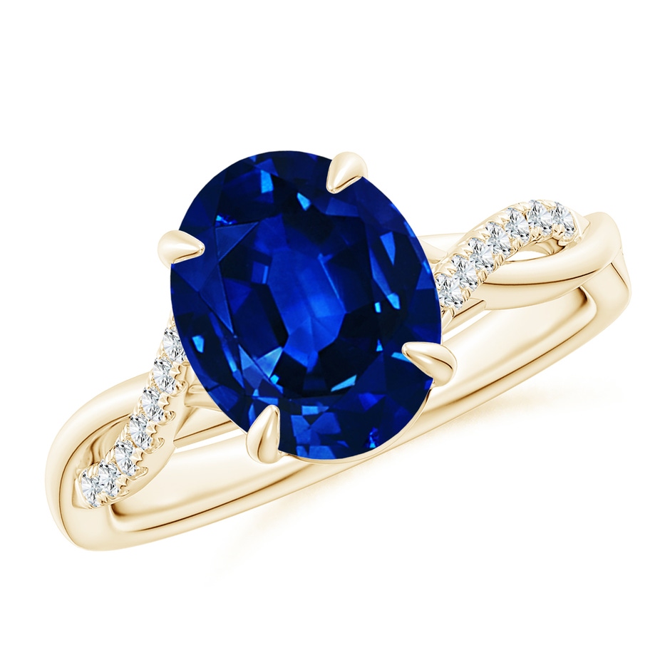 10x8mm AAAA Oval Blue Sapphire Twisted Shank Engagement Ring in Yellow Gold 