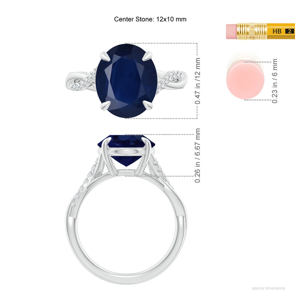 12x10mm A Oval Blue Sapphire Twisted Shank Engagement Ring in White Gold ruler