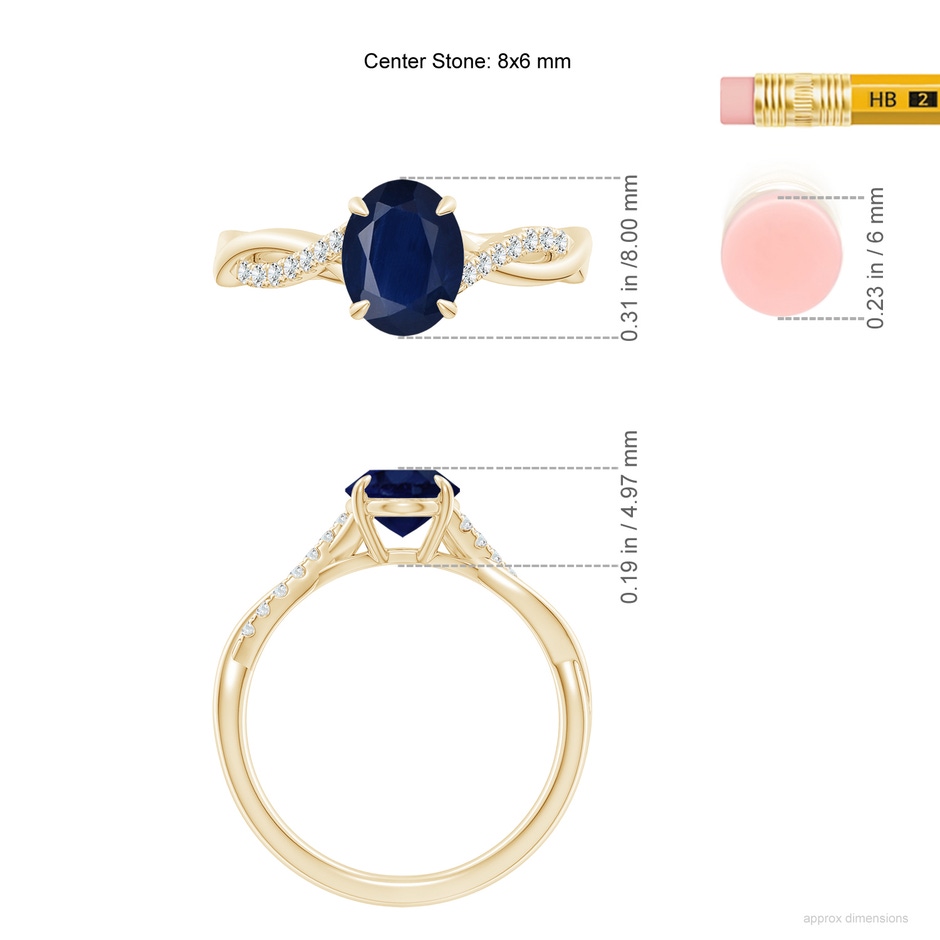 8x6mm A Oval Blue Sapphire Twisted Shank Engagement Ring in Yellow Gold ruler