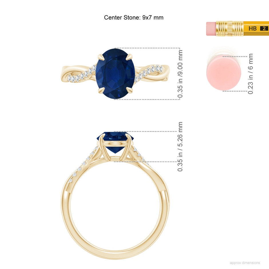 9x7mm AA Oval Blue Sapphire Twisted Shank Engagement Ring in Yellow Gold ruler