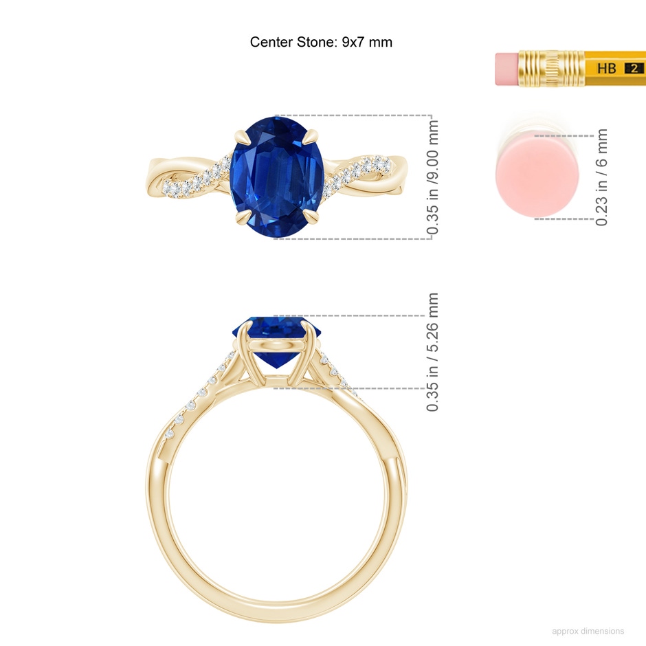 9x7mm AAA Oval Blue Sapphire Twisted Shank Engagement Ring in Yellow Gold ruler