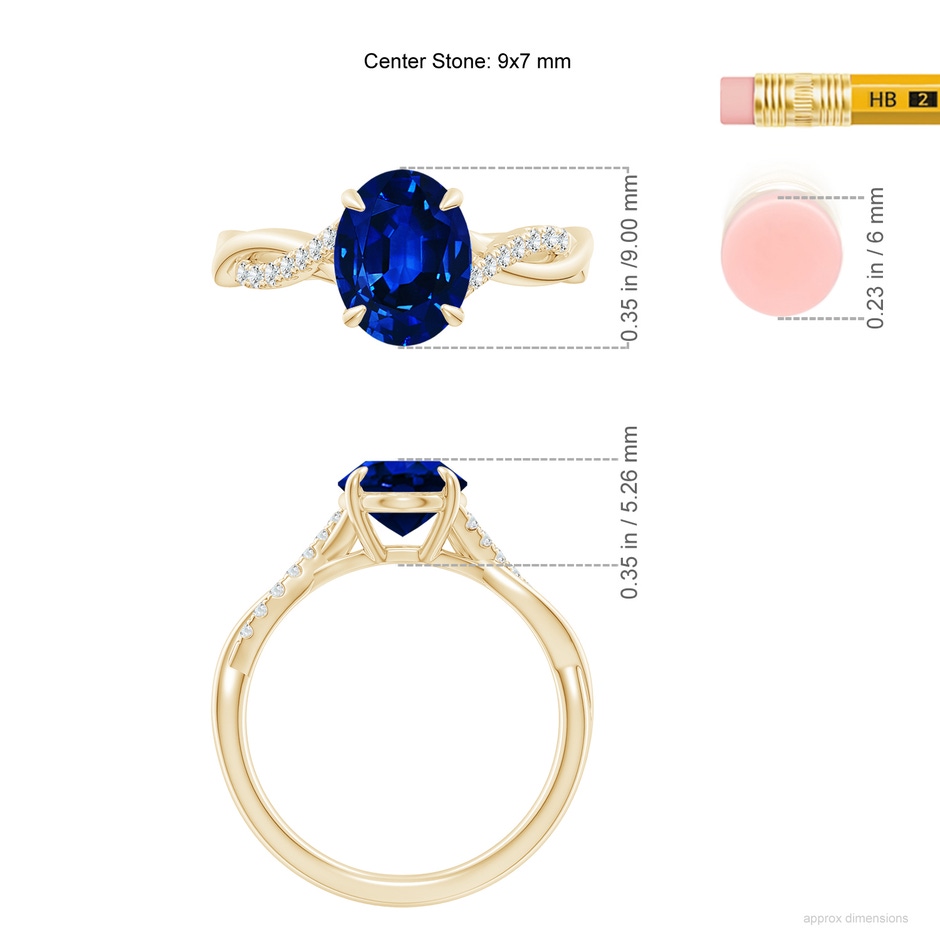 9x7mm AAAA Oval Blue Sapphire Twisted Shank Engagement Ring in Yellow Gold ruler