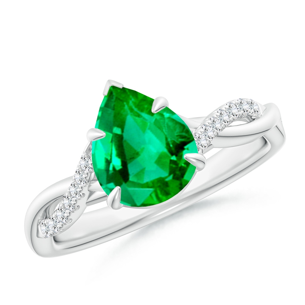 9x7mm AAA Pear-Shaped Emerald Twisted Shank Engagement Ring in White Gold