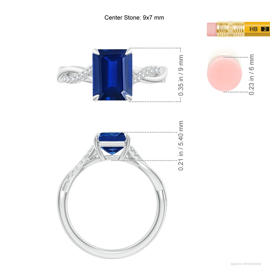 9x7mm Lab-Grown Emerald-Cut Blue Sapphire Twisted Shank Engagement Ring in 18K White Gold ruler