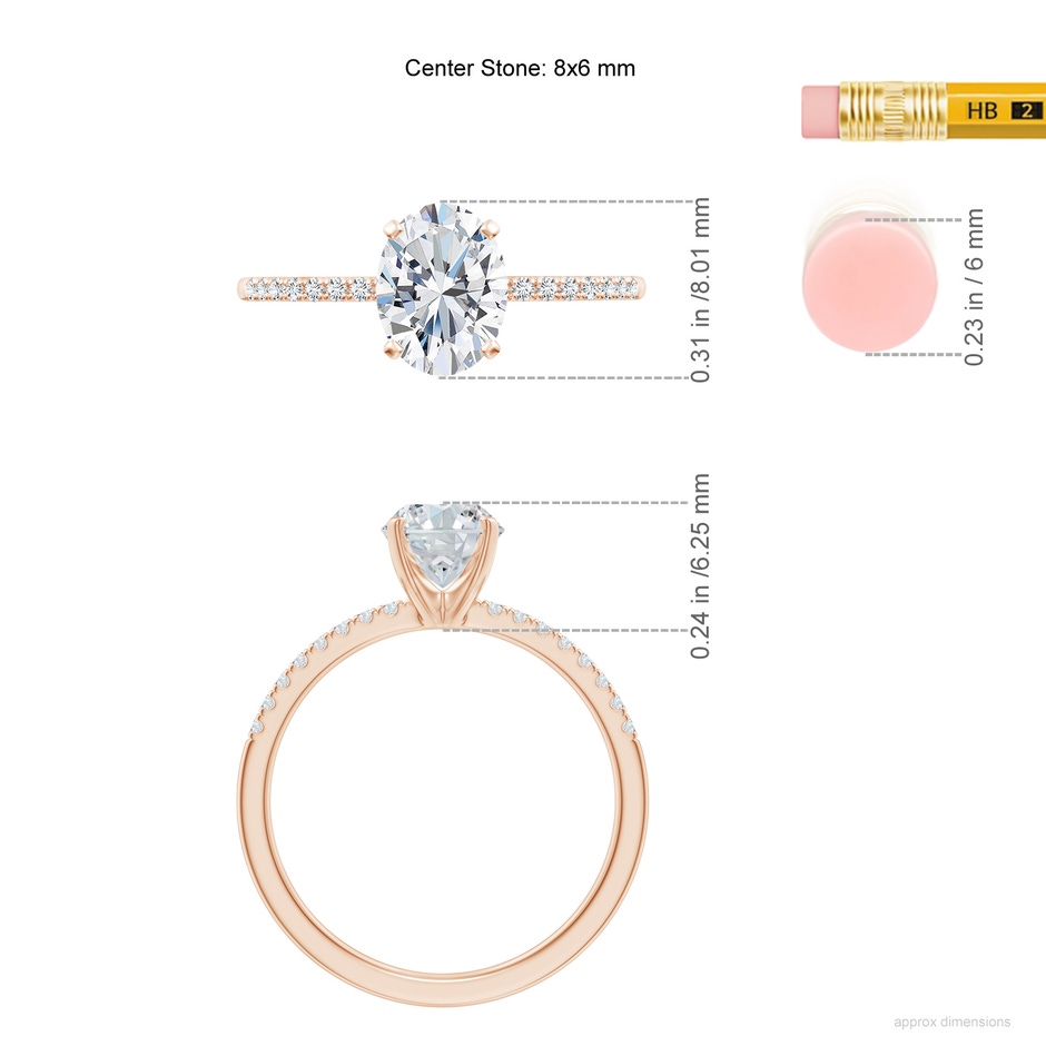 8x6mm GVS2 Peg Head Oval Diamond Classic Engagement Ring in Rose Gold ruler