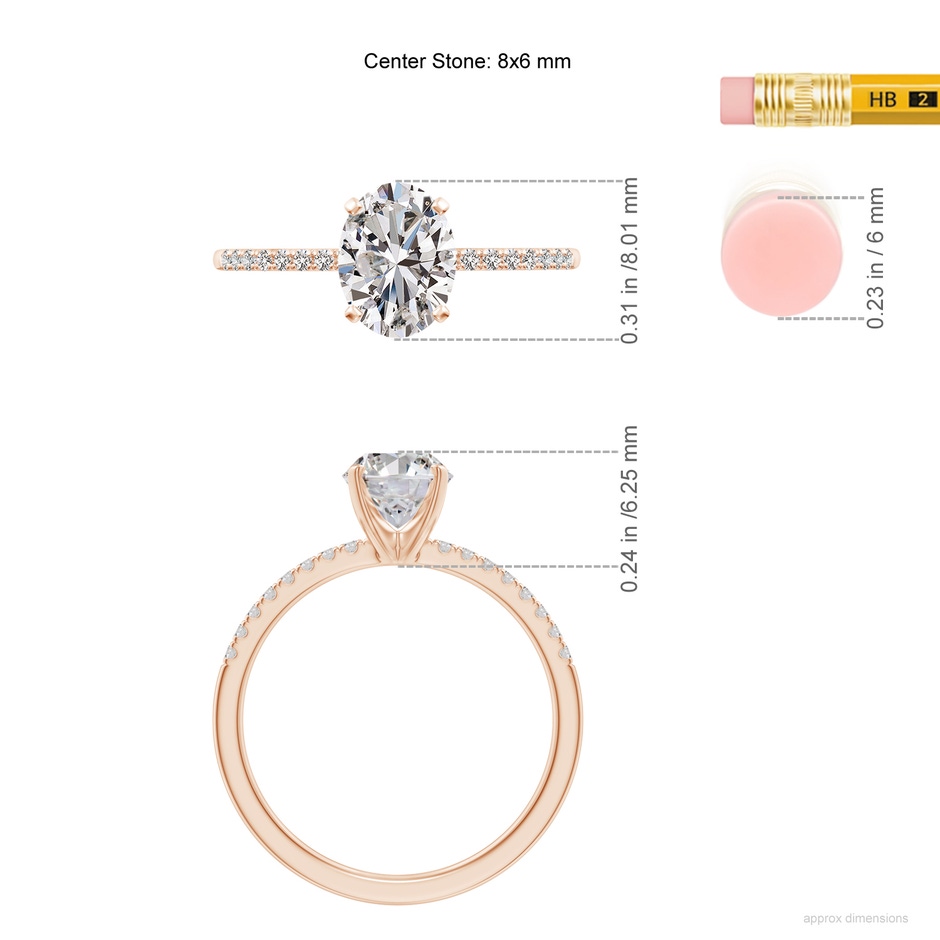 8x6mm IJI1I2 Peg Head Oval Diamond Classic Engagement Ring in Rose Gold ruler