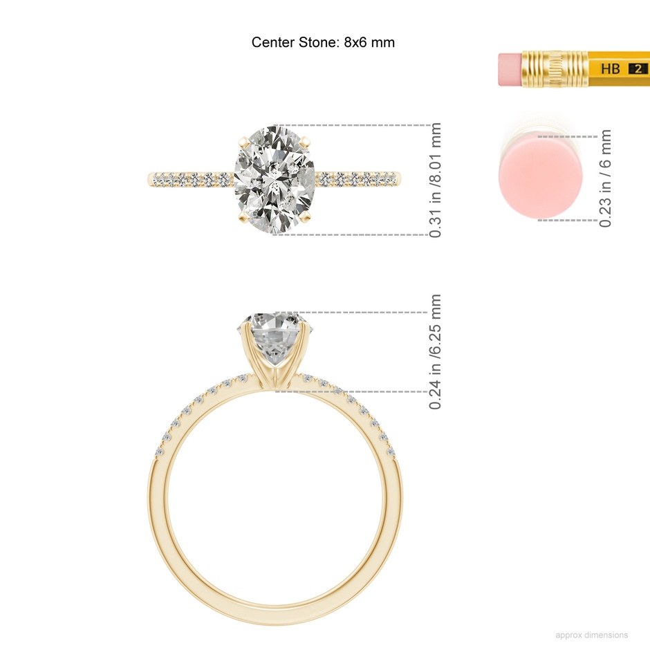 8x6mm KI3 Peg Head Oval Diamond Classic Engagement Ring in Yellow Gold ruler