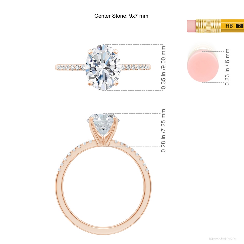 9x7mm GVS2 Peg Head Oval Diamond Classic Engagement Ring in 18K Rose Gold ruler