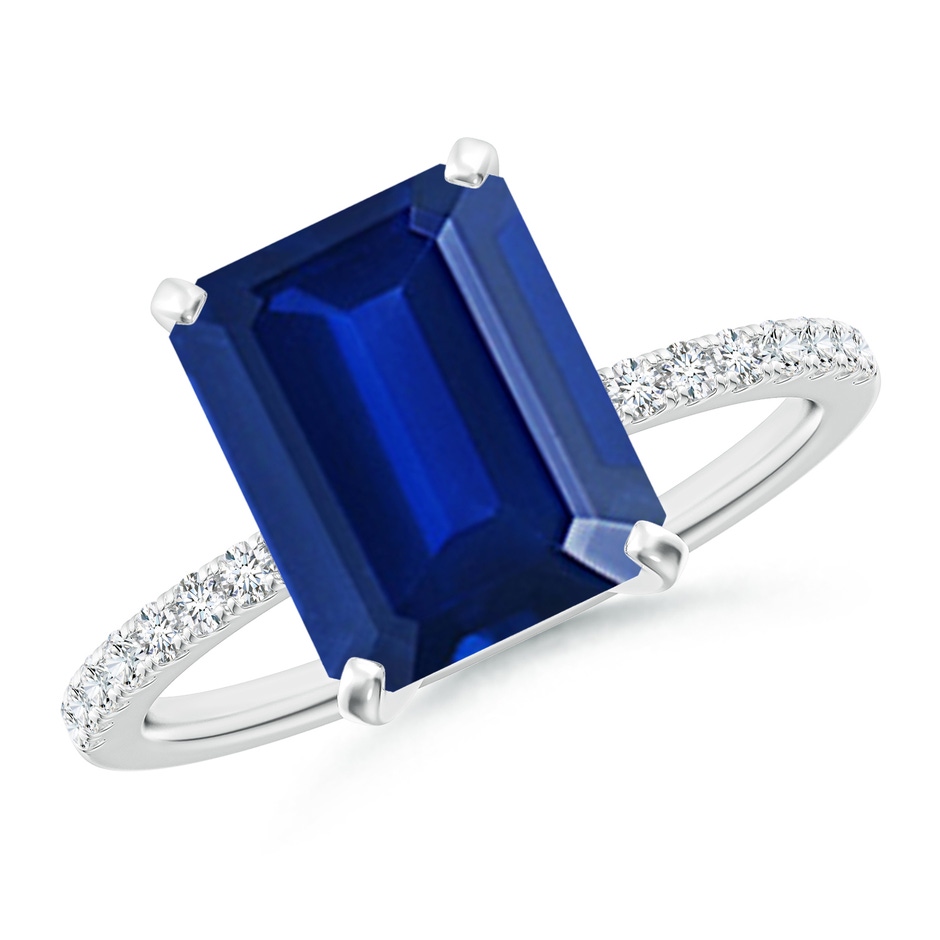 10x8mm Lab-Grown Peg Head Emerald-Cut Blue Sapphire Classic Engagement Ring in 18K White Gold 