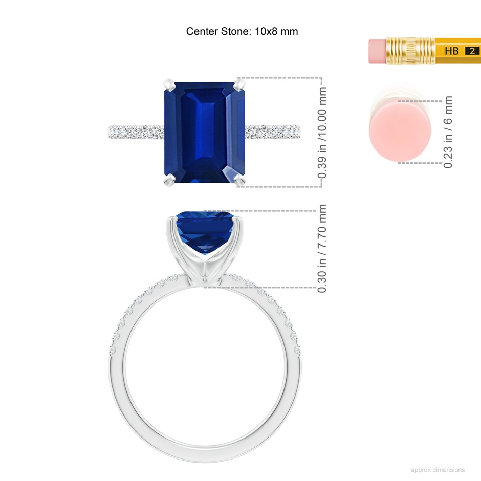 10x8mm Lab-Grown Peg Head Emerald-Cut Blue Sapphire Classic Engagement Ring in 18K White Gold ruler