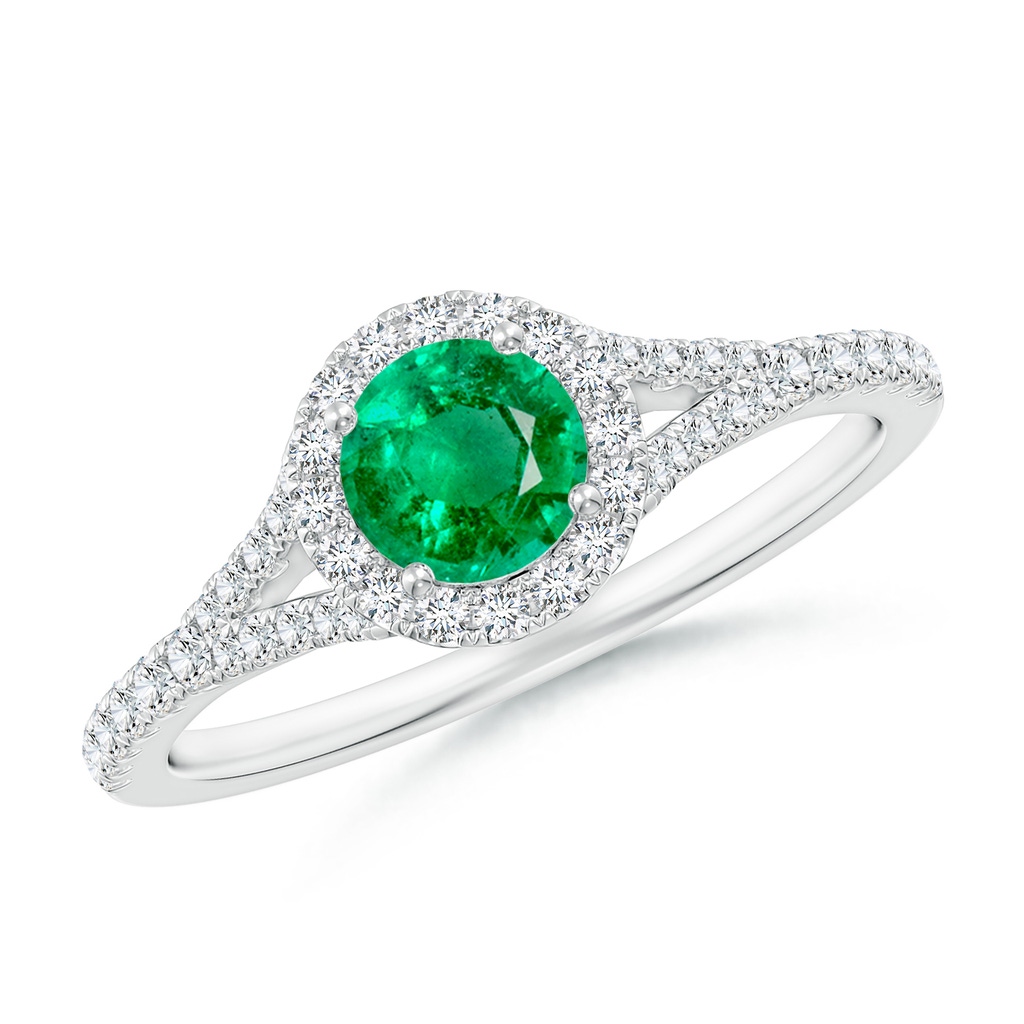 5mm AAA Round Emerald Halo Split Shank Engagement Ring in White Gold