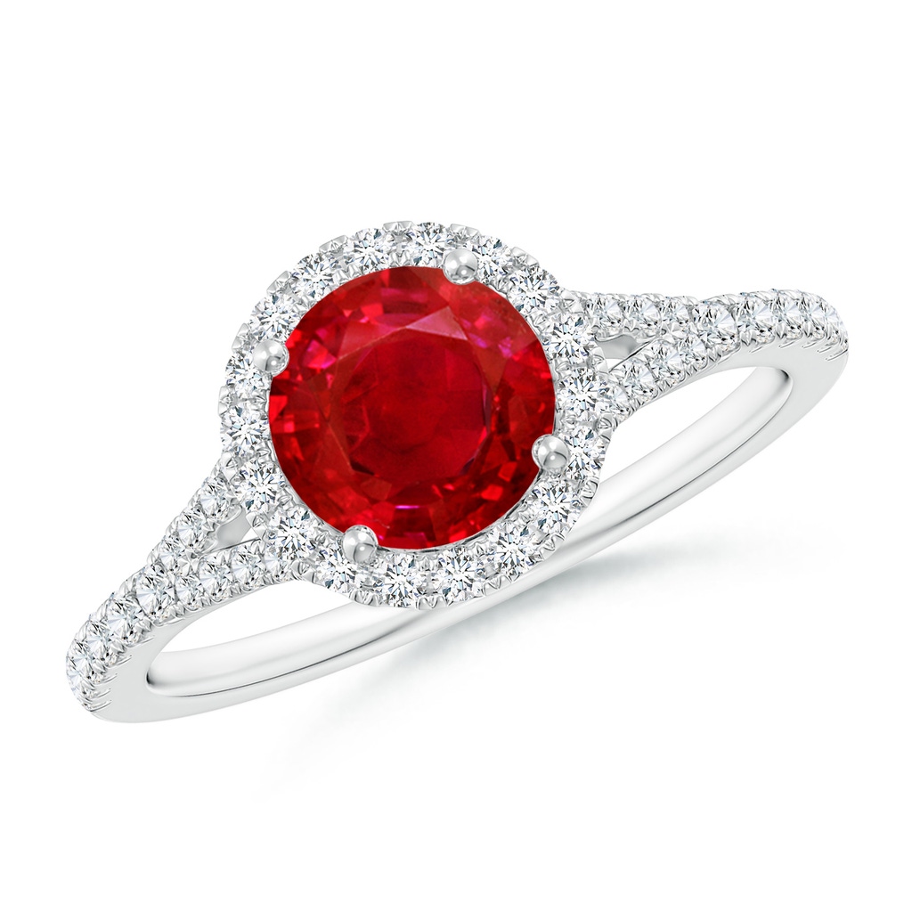 6.5mm AAA Round Ruby Halo Split Shank Engagement Ring in White Gold