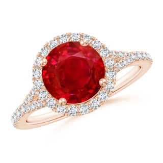 8mm AAA Round Ruby Halo Split Shank Engagement Ring in Rose Gold