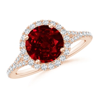 8mm AAAA Round Ruby Halo Split Shank Engagement Ring in Rose Gold