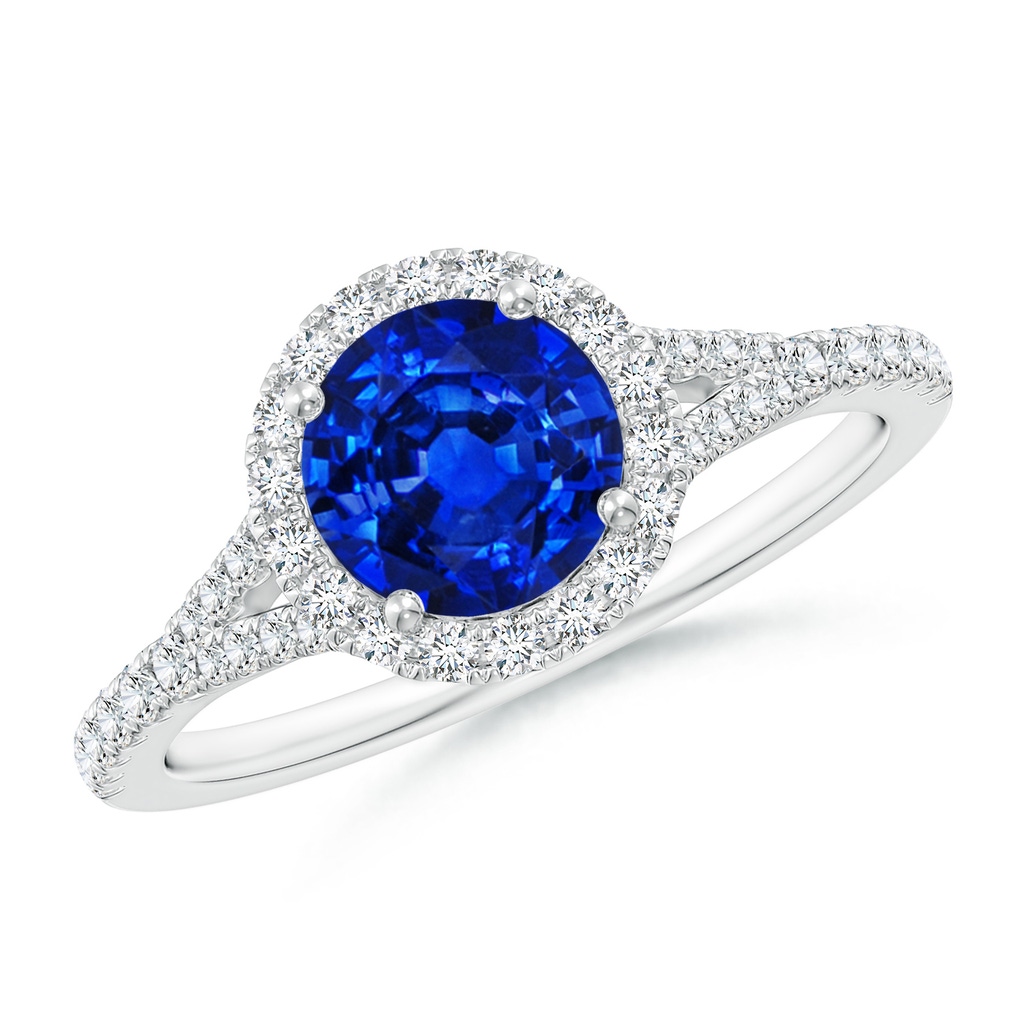 6.5mm Lab-Grown Round Blue Sapphire Halo Split Shank Engagement Ring in White Gold