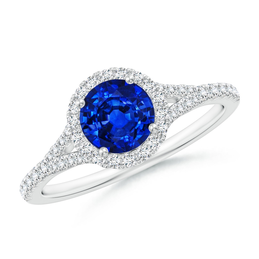 6mm Lab-Grown Round Blue Sapphire Halo Split Shank Engagement Ring in White Gold