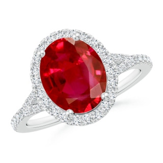 10x8mm AAA Oval Ruby Halo Split Shank Engagement Ring in P950 Platinum