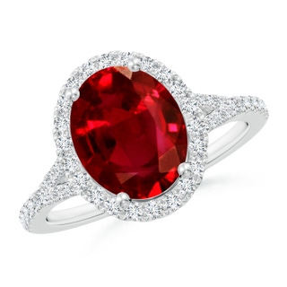 10x8mm AAAA Oval Ruby Halo Split Shank Engagement Ring in P950 Platinum