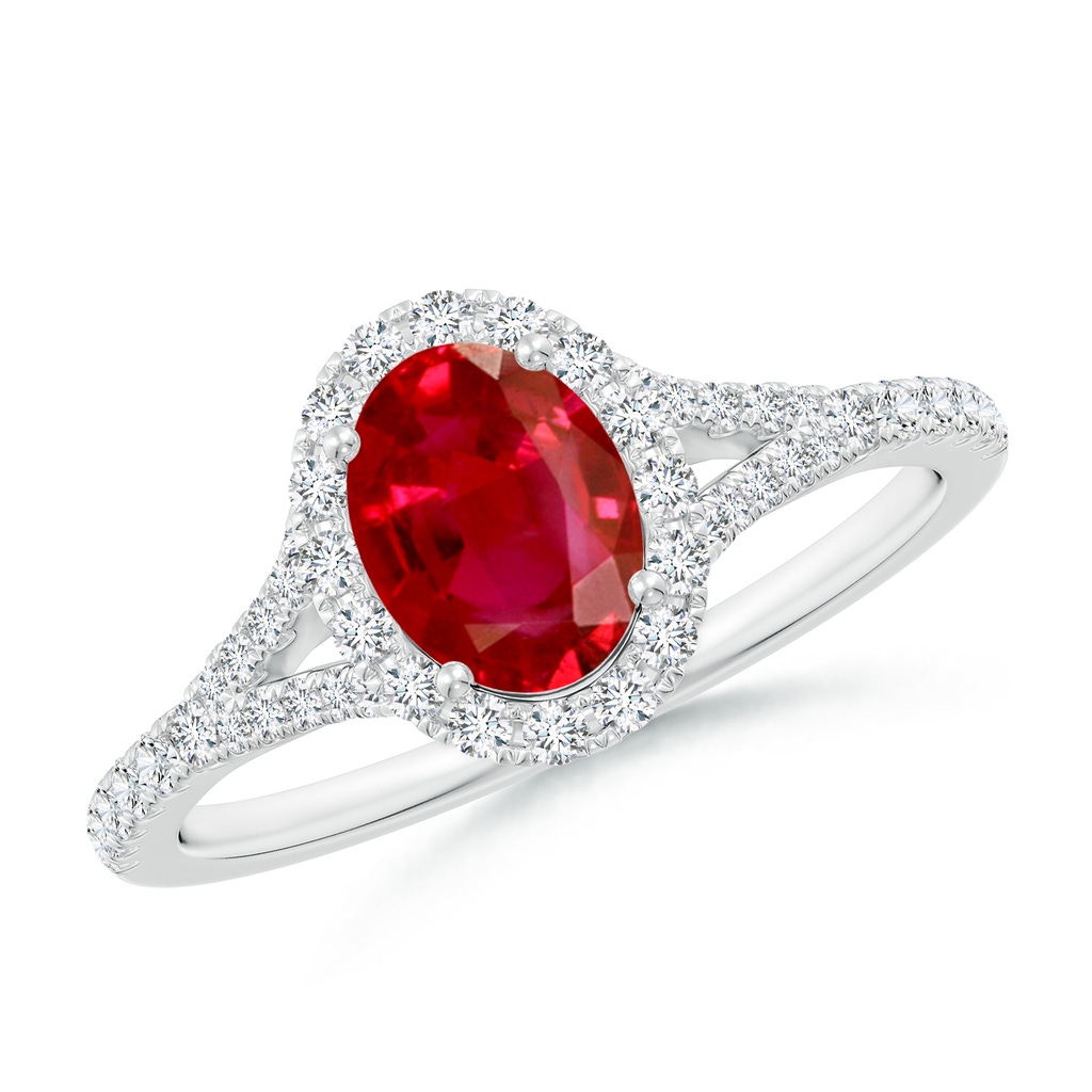 7x5mm AAA Oval Ruby Halo Split Shank Engagement Ring in White Gold